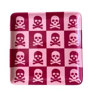 Halloween Pink Checkered Skull Melamine Appetizer Plates 6" Set of 4 NEW